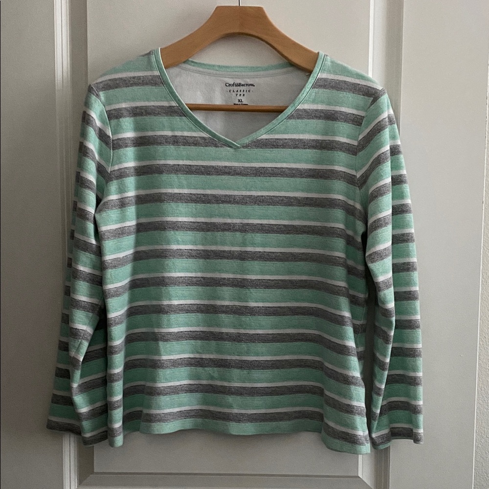 Croft & Barrow Green and Gray Striped Blouse